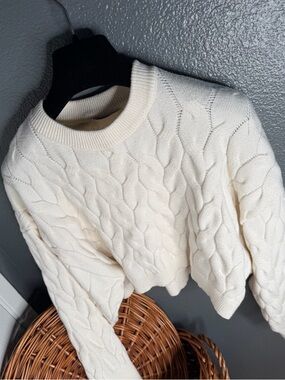 Pink Rose Cream Cable-Knit Crewneck Sweater ☁️ 🫧🤍